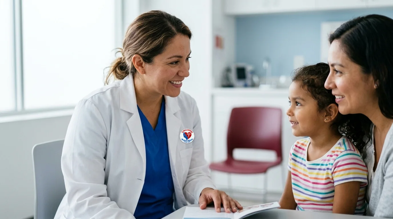 Profesional de la salud conversando con una madre y su hija pequeña en un consultorio